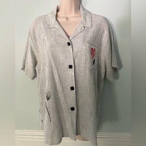 Play Alegre vintage hand painted cotton blend blouse white black stripes USA L